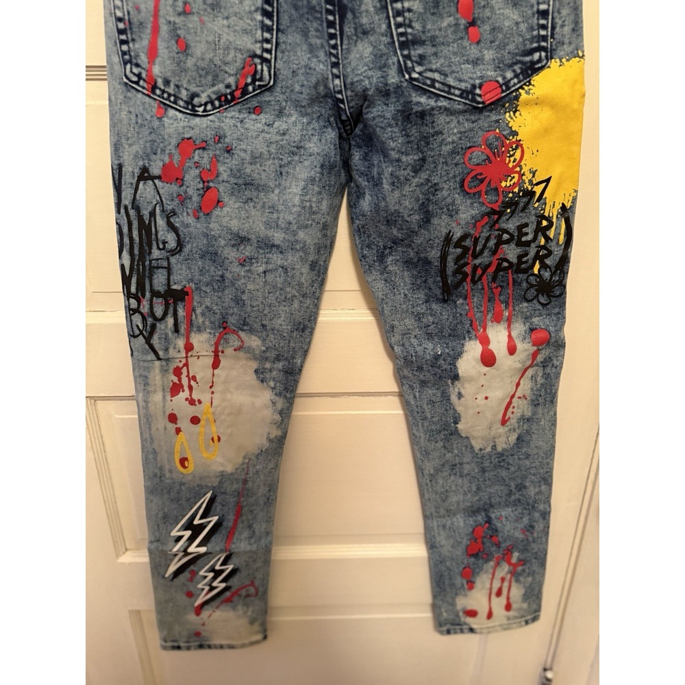 Rue21 Premium Skinny Acid Wash Graphic Jeans Blue Multicolor Denim grunge 36x32 - Picture 5 of 6